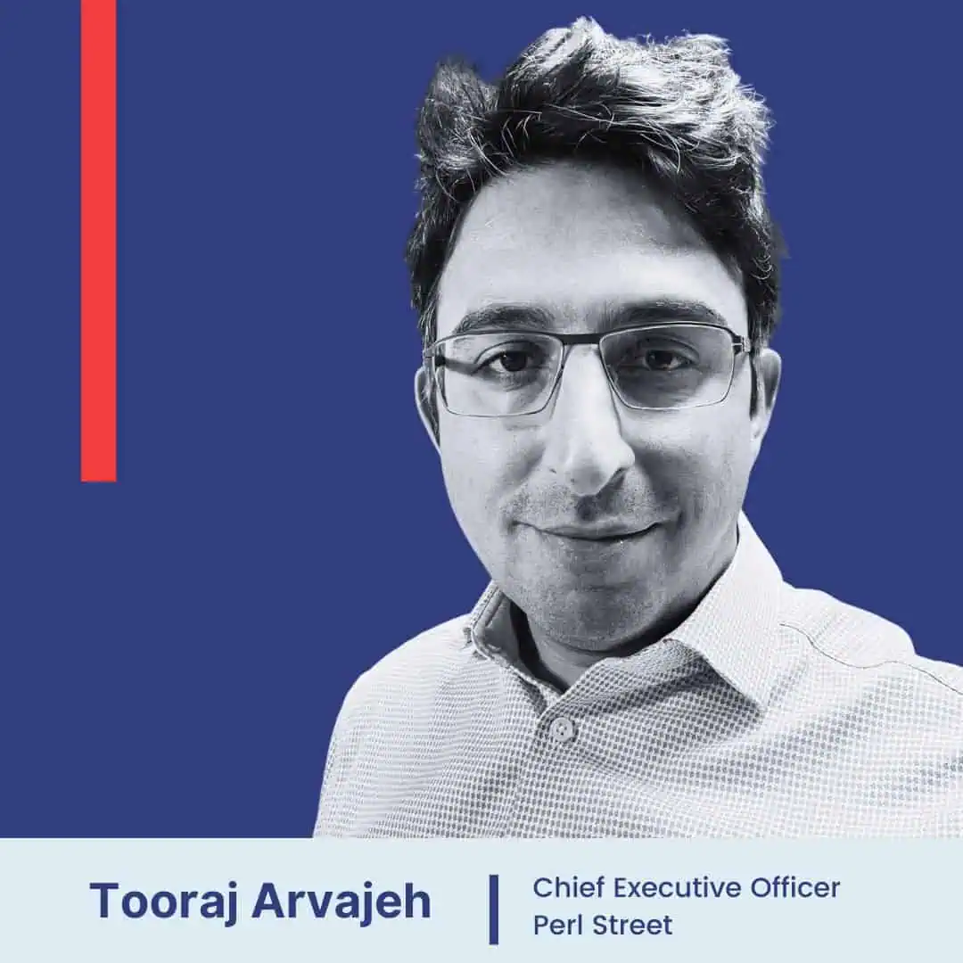 black and white headshot of Tooraj Arvajeh, Perl Street's CEO, with the King Energy blue and red background