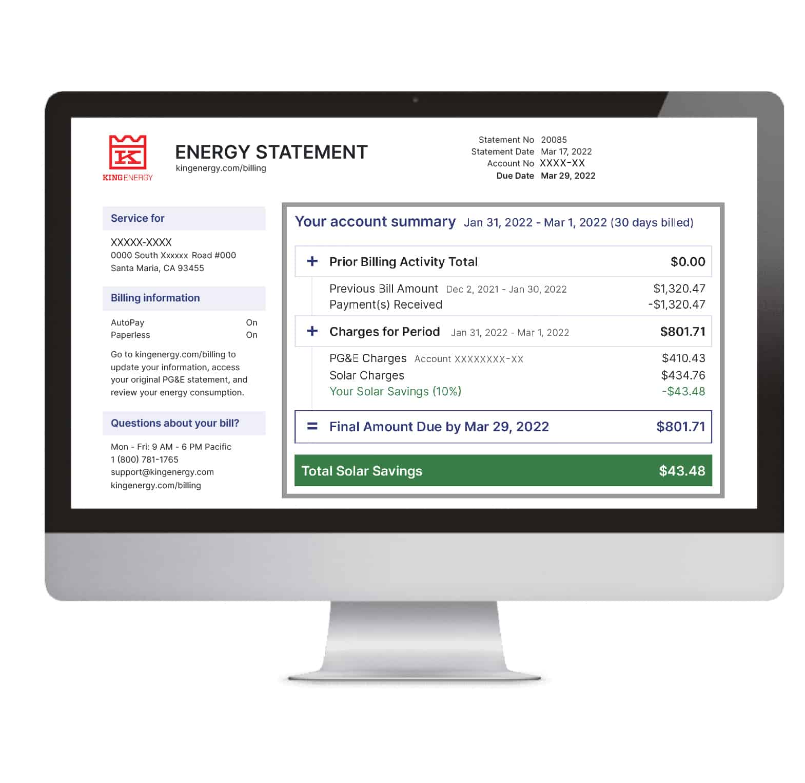 OneBill™ clearly outlines the solar program's financial and environmental impact for tenants and property owners.